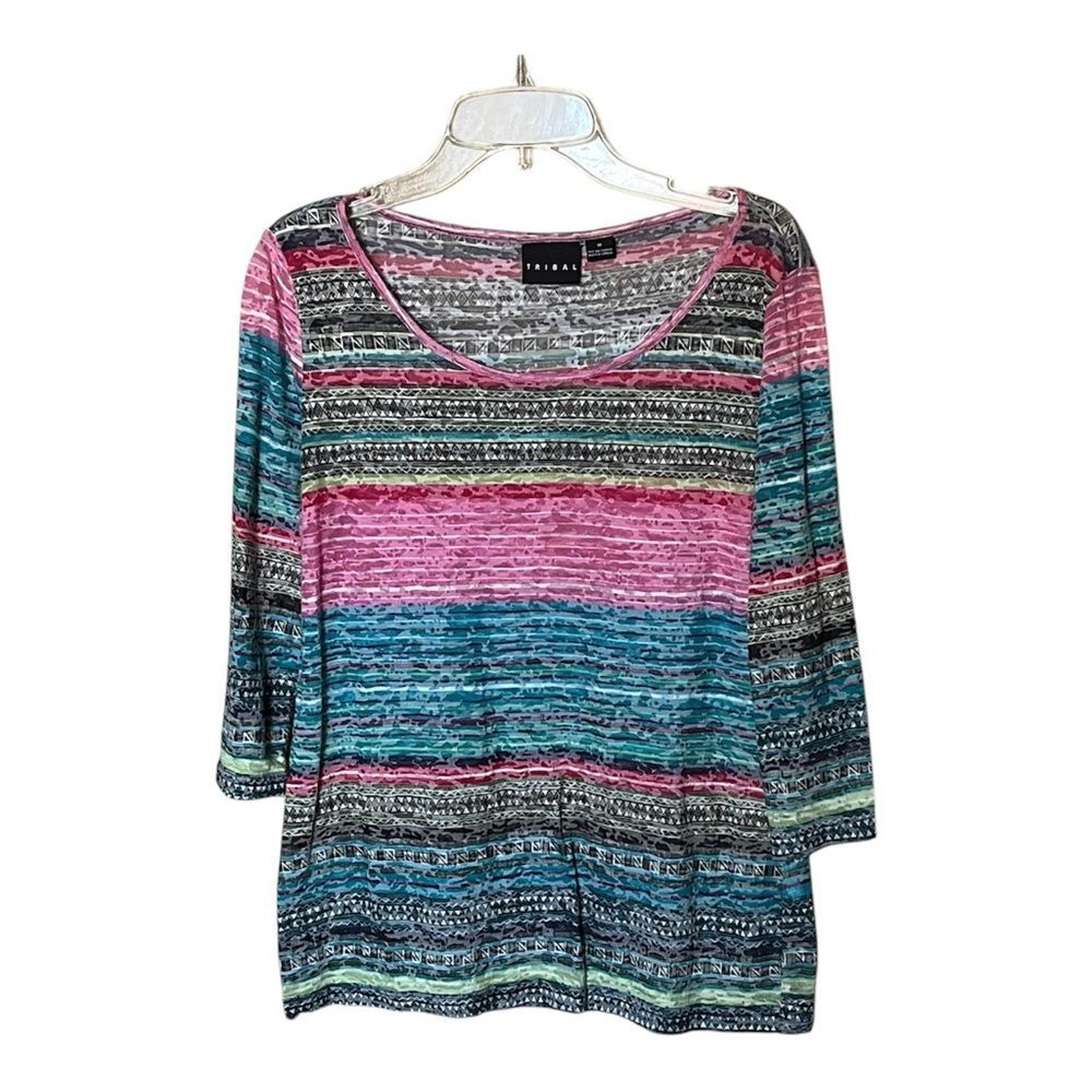 Tribal Multicolor Striped Print Semi-Sheer 3/4 Sleeve Pullover Shirt Size MED